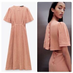 Abercrombie & Fitch Short Sleeve Peach Orange Midi Linen Dress Button Cut Out XS
